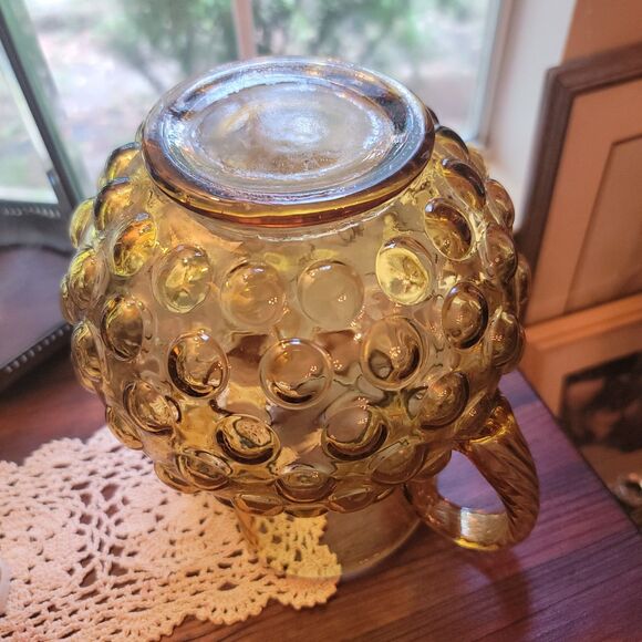 VTG Amber Glass Hobnail Pitcher wide belly applied handle hand blown 8.25" H MCM - Picture 15 of 16